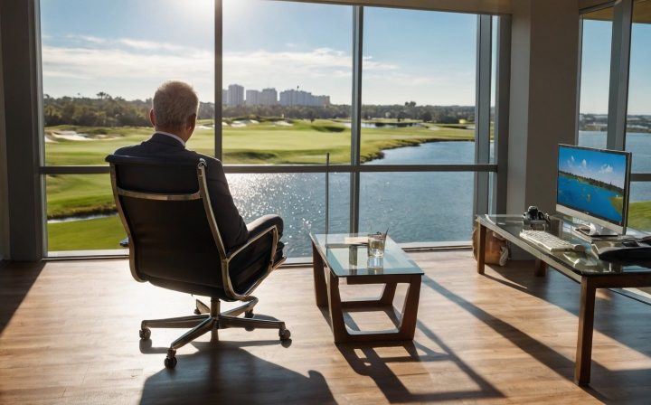 A Businessman in his penthouse office looking at a golf course and water view below